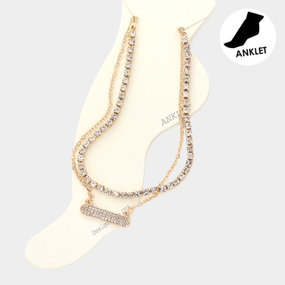 Rhinestone embellished double layered ankle bracelet set